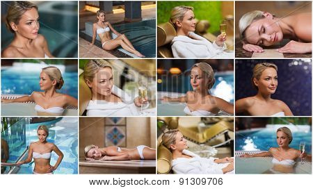 beauty, spa, healthy lifestyle concept - beautiful young woman relaxing at luxury spa with hammam sauna and swimming pool