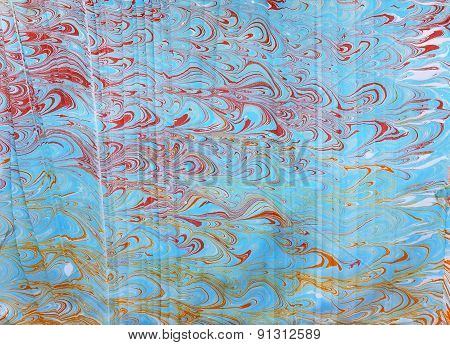 Blue Red Ebru With Waves Pattern