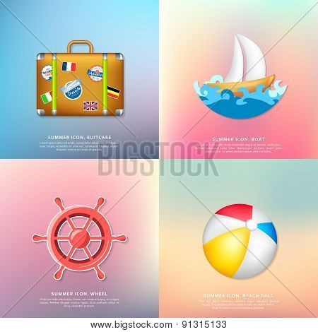 Suitcase, ship on the waves, wheel and ball. Summer icons