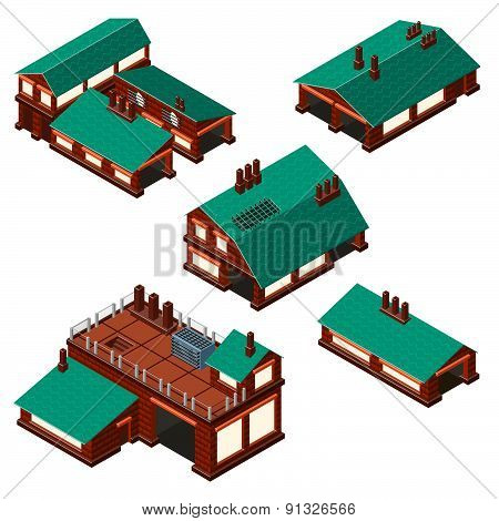Isometric Set Of Factories, Production Facility Layout Plan.