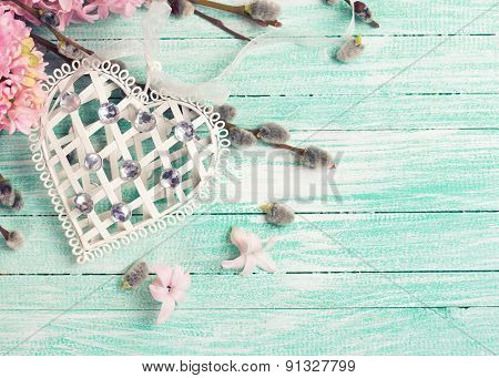 Postcard With Hyacynths, Willow Flowers And Heart