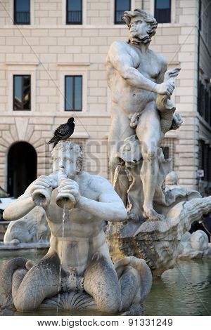 Sculpture Marble Triton, Fontana Del Moro In Piazza Navona