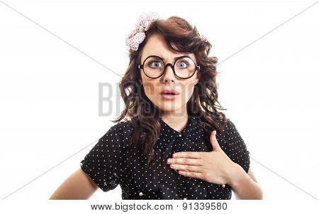 Amazedly Young Woman Isolated On White. Surprised Or Astonished Funny Girl