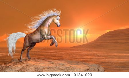 Horse rearing by sunset - 3D render
