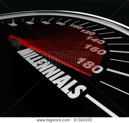 Millennials word on a speedometer to illustrate youth, and young age of people in generation Y who are savvy in technology and social communication and networking