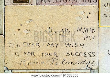 Handprints Of Norma Talmadge In Hollywood Boulevard In The Concrete Of Chinese Theatre's Forecourt