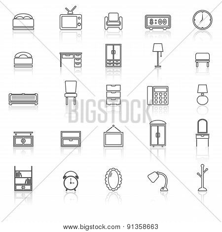 Bedroom Line Icons With Reflect On White