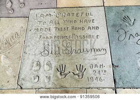 Handprints Of Sid Grauman In Hollywood Boulevard In The Concrete Of Chinese Theatre's Forecourt