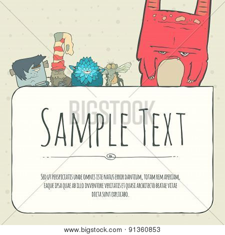 Cute doodle monster greeteng or invitation card with place for your text.