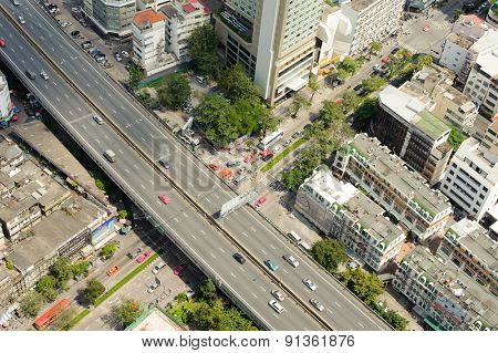 BANGKOK, THAILAND - OCTOBER 27, 2011: Aerial vew on Bangkok downtown from Leboa hotel. Bangkok is the capital of Thailand. It is known in Thai as Krung Thep Maha Nakhon.