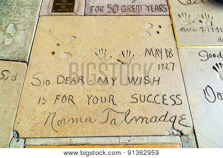 Handprints Of Norma Talmadge In Hollywood Boulevard In The Concrete Of Chinese Theatre's Forecourt