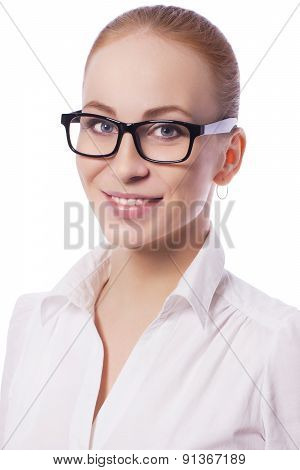 Blonde Business Woman Manager Worker In Glassess Smile. Isolated On White