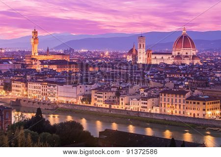 View Of Florence At Dusk From Piazzale Michelangelo In Florence, Italy