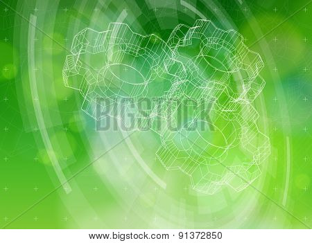 Ecology technology concept - gears, radial HUD elements & green bokeh abstract light background / vector illustration / eps10