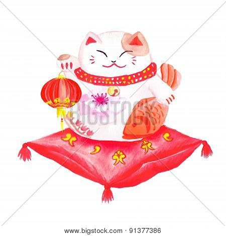 Chinese Lucky Cat Sitting On The Red Pillow And Holding The Lantern