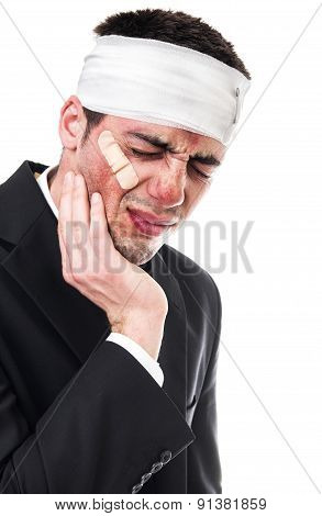Sad Injured Business Man, Isolated On White
