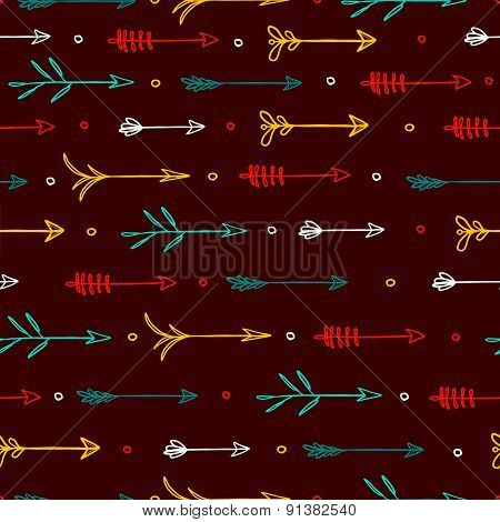 Seamless pattern with horizontal pattern of arrows. Ethnic color. Doodle style. Vector.