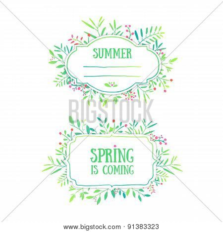 Beautiful banner, card, invitation or label. Spring and summer background. Ornament from leaves, ber