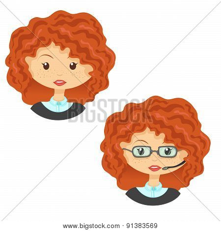 Avatar cute cartoon ginger girl in glasses with headset