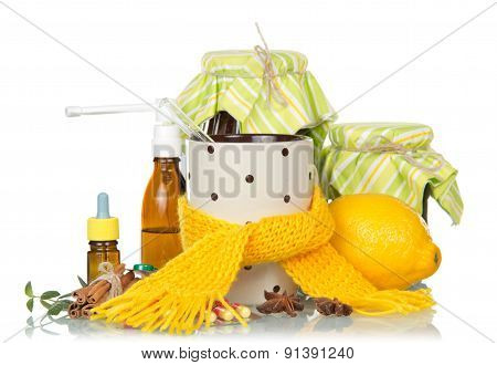 Traditional and medicamentous remedies for cold on a white backg