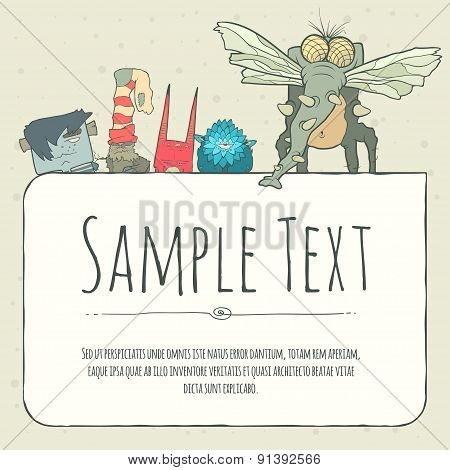 Cute doodle monster greeteng or invitation card with place for your text.
