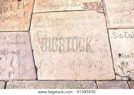 Handprints Of Edgar Bergen, Charlie Carthy In Hollywood Boulevard In The Concrete Of Chinese Theatre