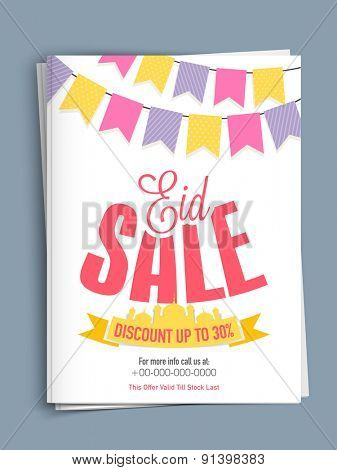 Eid sale template or flyer presentation decorated with mosque ribbon and colorful buntings on shiny background.