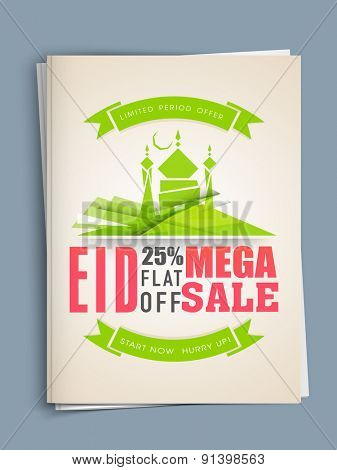 Eid sale template or flyer presentation decorated with mosque, green ribbon and colorful buntings on shiny background.
