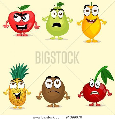 Funny fruit characters like apple, pear, papaya, pineapple, kiwi and cherry with different facial expressions.