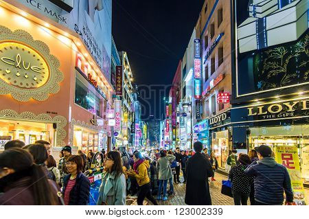 SEOUL - MARCH 20: Myeong-Dong Market is large shopping street in Seoul.Photo taken on March 20 2016 in seoul South Korea.