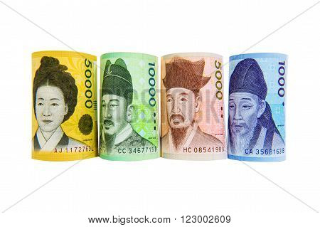 South Korean Won Currency isolated on white background.