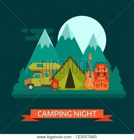 Camping night concept landscape. Campsite place with camper van tourist rucksack guitar campfire forest mountains and moon. Wilderness campsite area background.