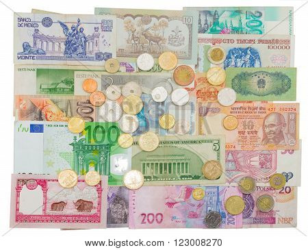 Banknotes and coins of different countries that are in circulation now and those that were earlier in circulation