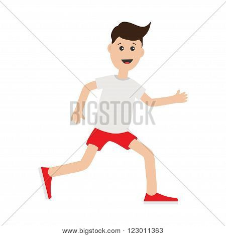 Funny cartoon running guy Cute run boy Jogging man Runner Fitness workout running male character Isolated White background. Flat design Vector illustration
