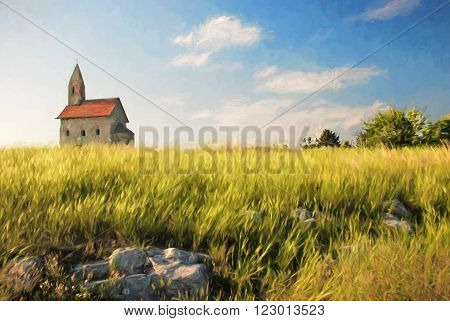 Romanesque church Saint Michael and beautiful meadow, Drazovce, Slovakia, illustration with colored pencils