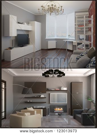 3d rendering of penthouse living room tv console