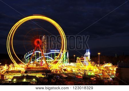 Frankfurt, Germany - March 23:  Ferris wheel and rides in Frankfurter Dippemess in 2016