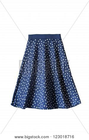 Blue flared knee length skirt with polka dots isolated over white