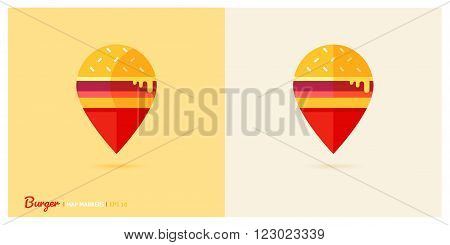 Colorful fast food concept map marker. Burger map pin location. Flat design style. Vector isolated illustration