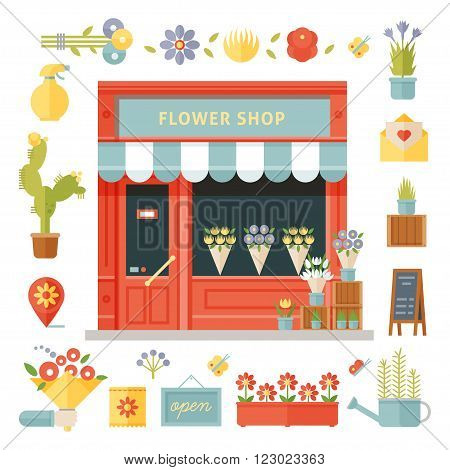 Colorful flowers shop vector flat icons set. Vector isolated illustration