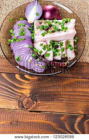 Fresh Pork Fat, With Red Hot Chili Peppers, Green And Purple Onions And  Peas Allspice Beautifully L