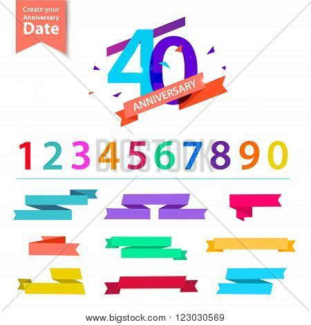 Vector set of anniversary numbers design. Create your own icons, compositions with ribbons, dates and sunbursts . Colorful retro collection