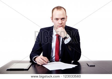 Counterparty at the table with the tablet before signing the contract. Looks forward. Isolated on white background