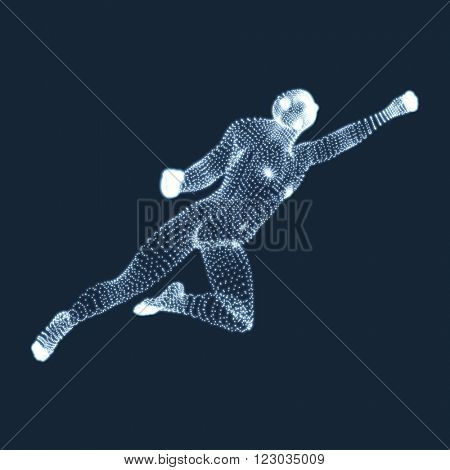 Jumping Man. Vector Graphics Composed of Particles. 3D Model of Man. Human Body Model. Body Scanning. View of Human Body. 