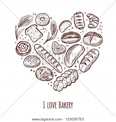 I love bakery. Hand drawn icons set in the shape of heart.
