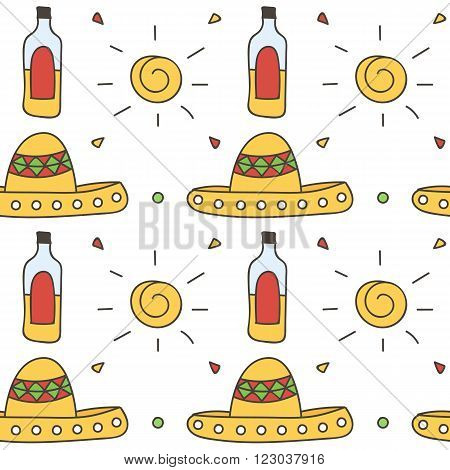 Mexican seamless pattern background with sombrero, sun, tequila. Cinco de Mayo background.