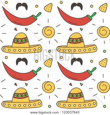 Mexican seamless pattern background with sun, sombrero, chili pepper, nachos. Cinco de Mayo background.