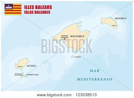 map of the Spanish archipelago of the balearen with flag