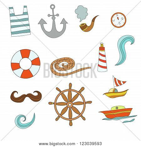 Vector set of captain items. Funny colorful cartoon collection with captain stuff