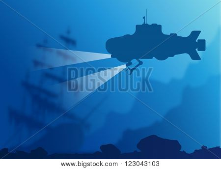 Blurred underwater background with blue submarine silhouette and old sunken ship. Vector illustration EPS10.